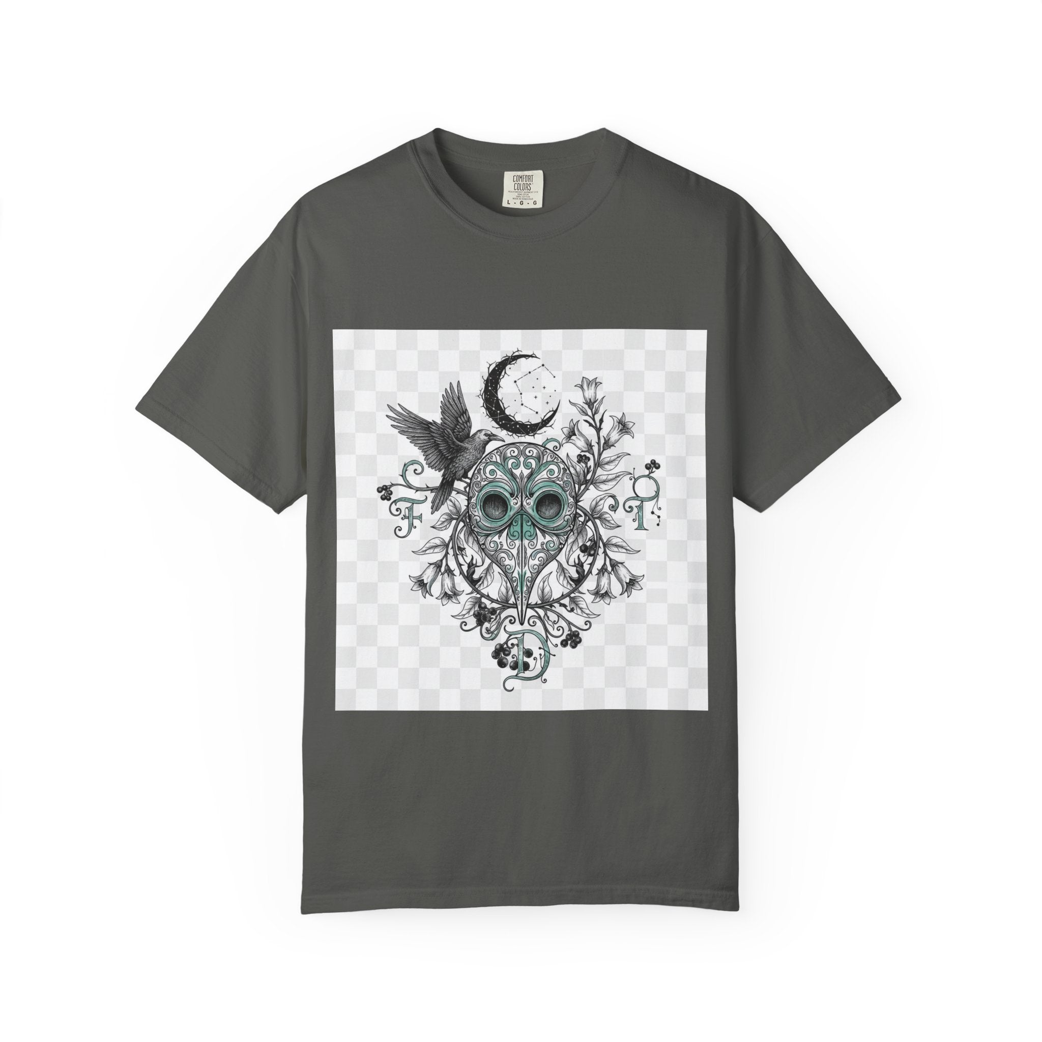 Plague Doctor Moon T-Shirt - Gothic Botanical Illustration