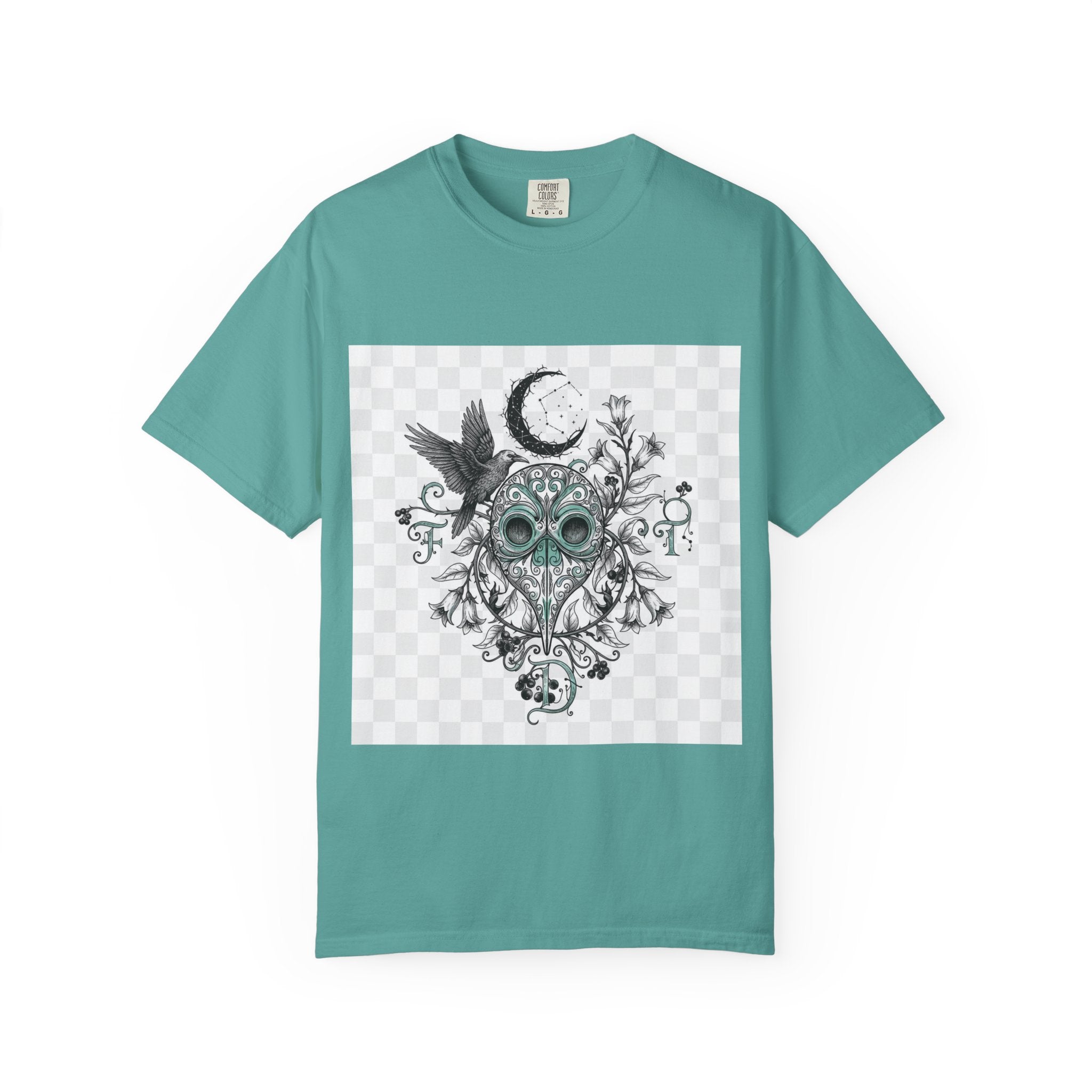 Plague Doctor Moon T-Shirt - Gothic Botanical Illustration