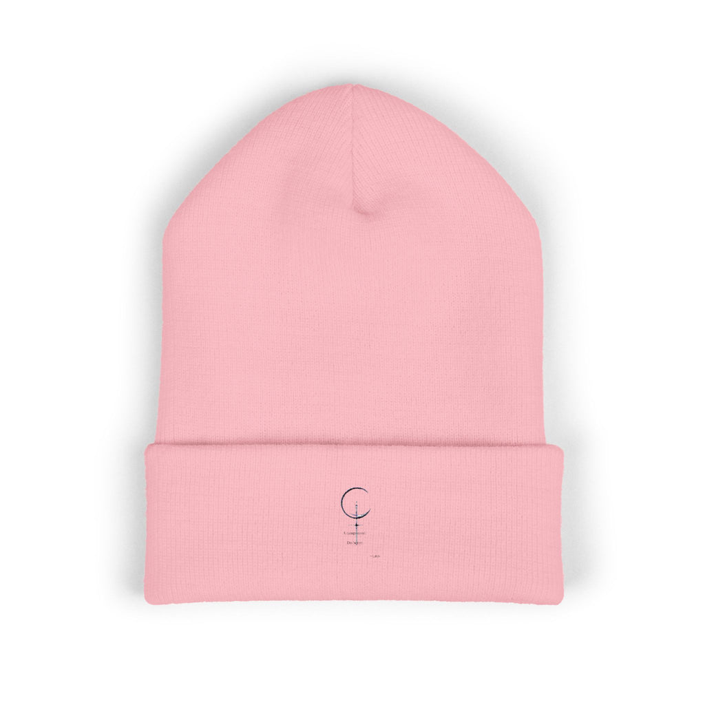 Embroidered Minimal Crescent Beanie — Classic Cuffed Knit Hat