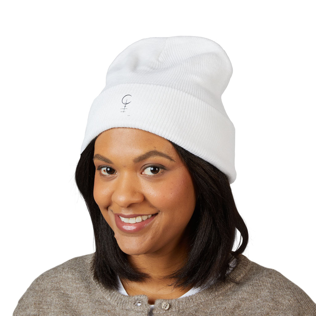 Embroidered Minimal Crescent Beanie — Classic Cuffed Knit Hat