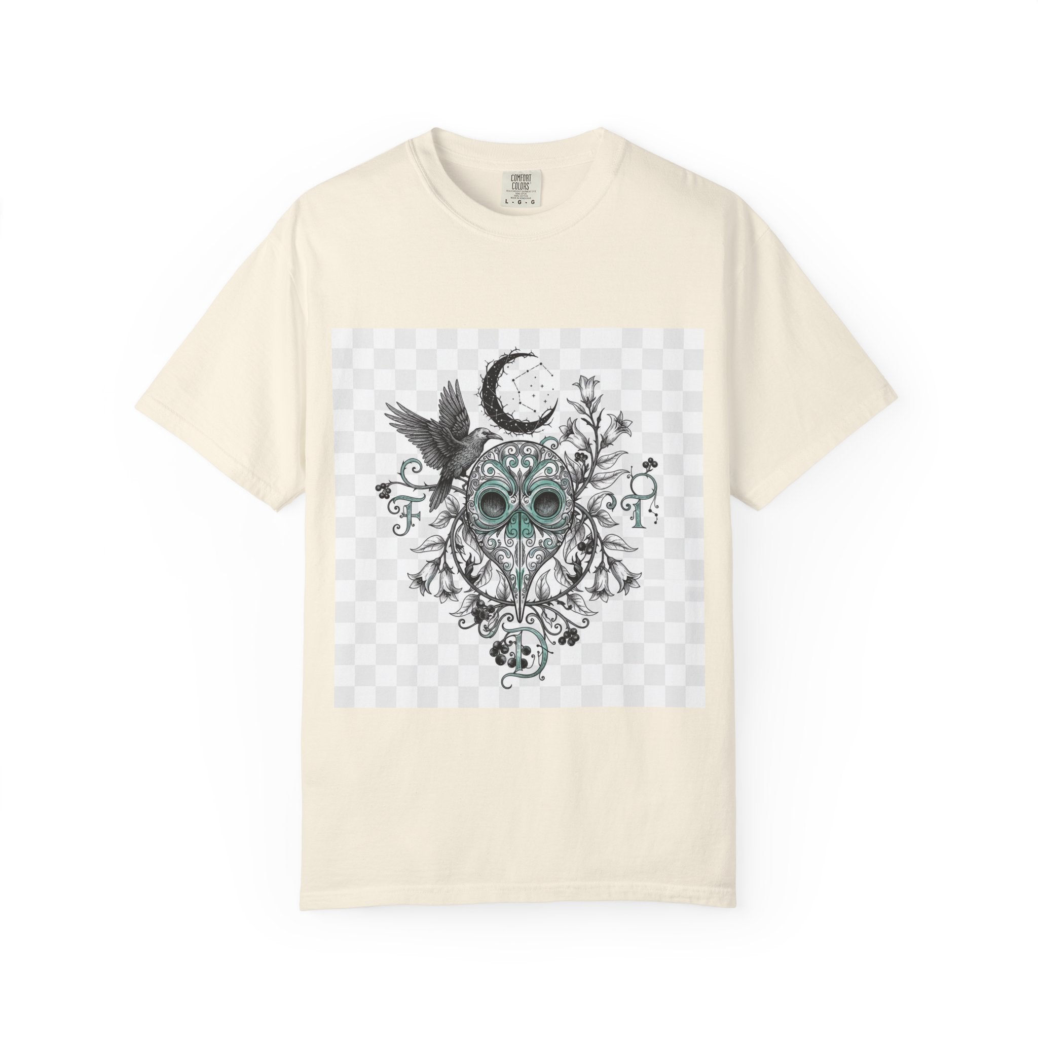 Plague Doctor Moon T-Shirt - Gothic Botanical Illustration