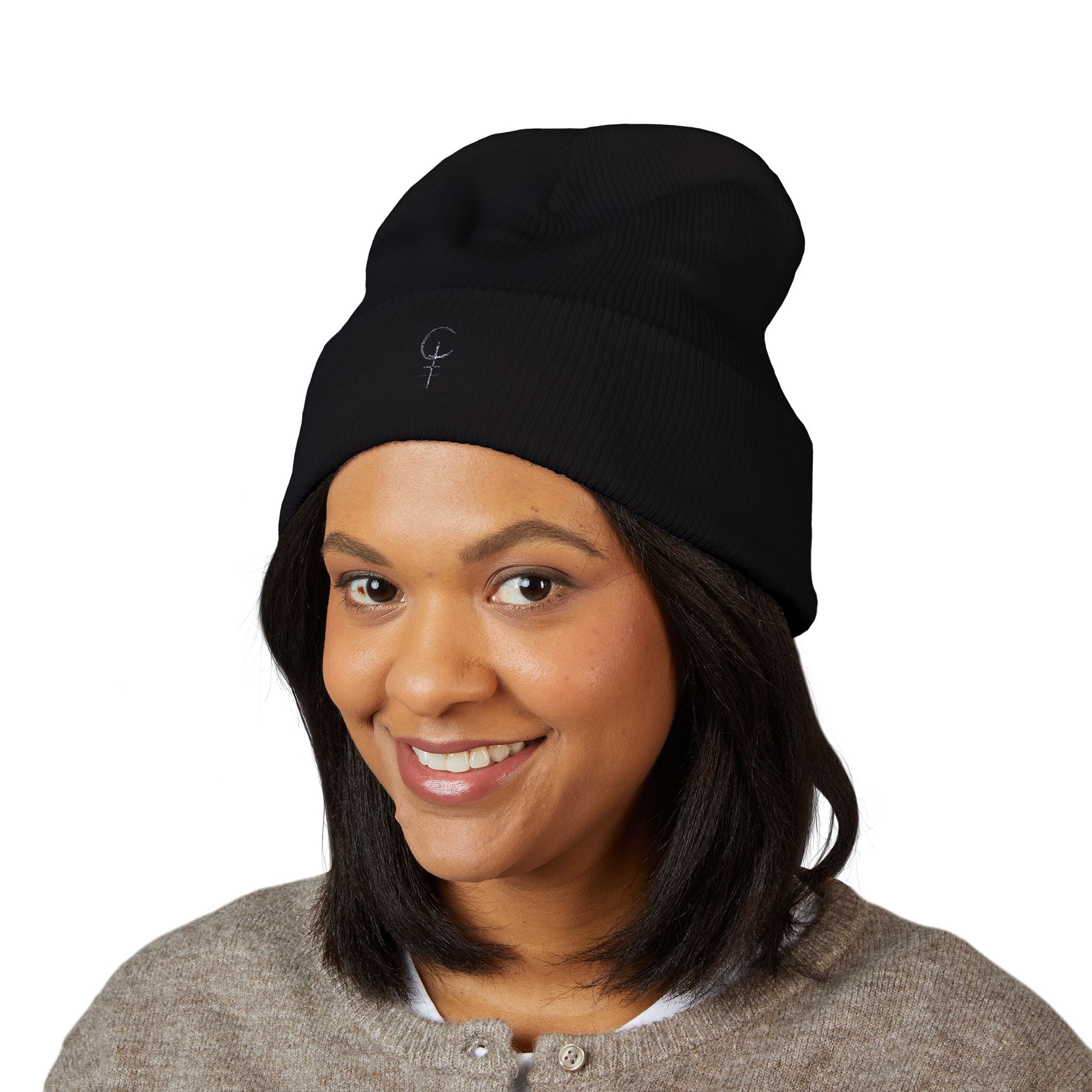 Embroidered Minimal Crescent Beanie — Classic Cuffed Knit Hat