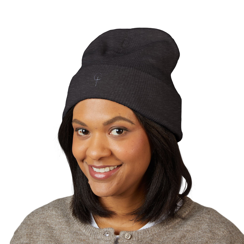 Embroidered Minimal Crescent Beanie — Classic Cuffed Knit Hat