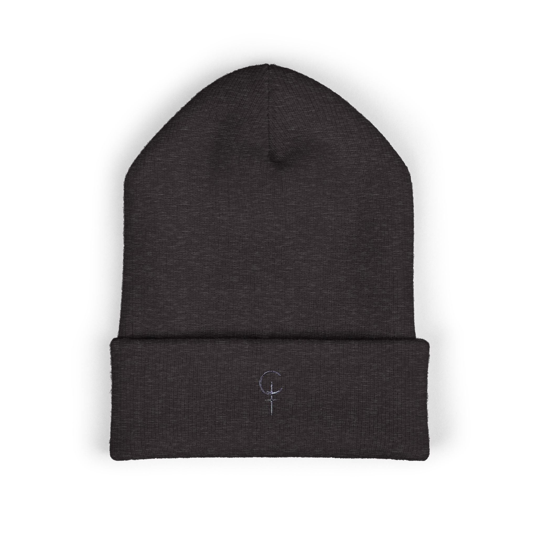 Embroidered Minimal Crescent Beanie — Classic Cuffed Knit Hat