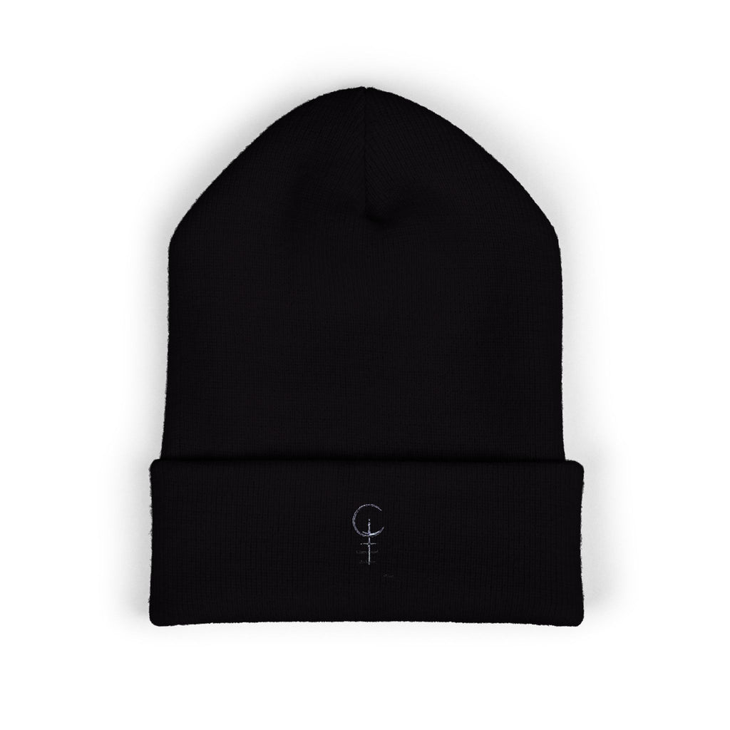 Embroidered Minimal Crescent Beanie — Classic Cuffed Knit Hat