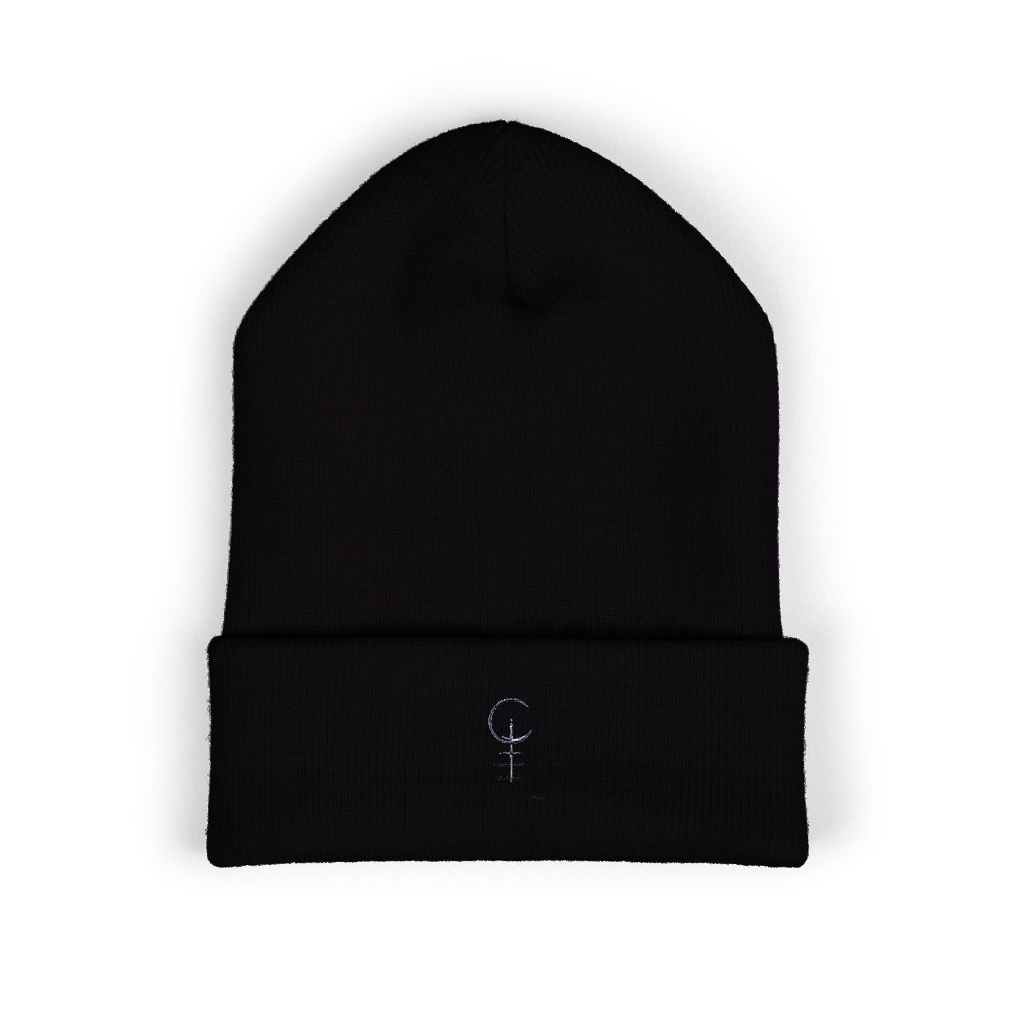 Embroidered Minimal Crescent Beanie — Classic Cuffed Knit Hat