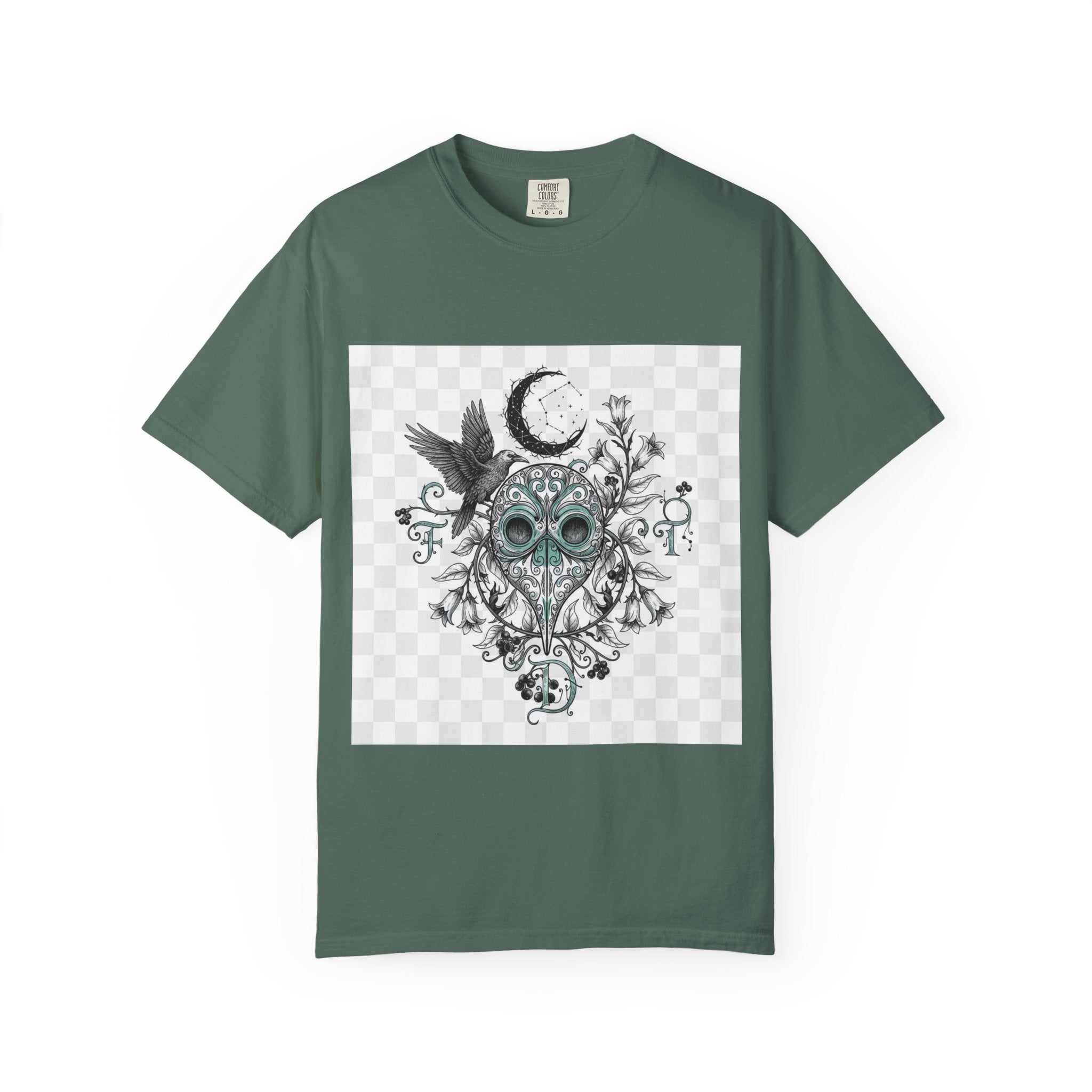 Plague Doctor Moon T-Shirt - Gothic Botanical Illustration