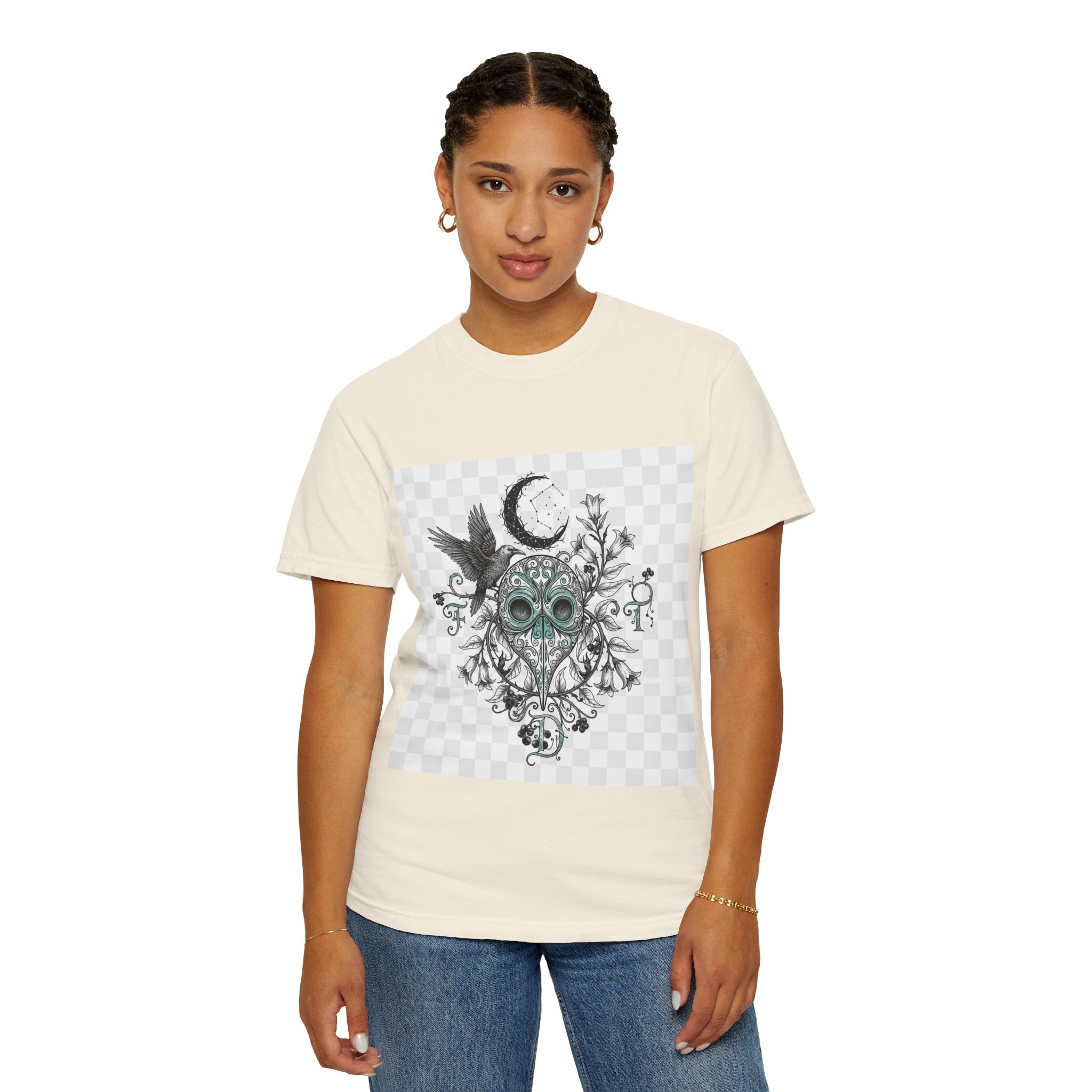 Plague Doctor Moon T-Shirt - Gothic Botanical Illustration