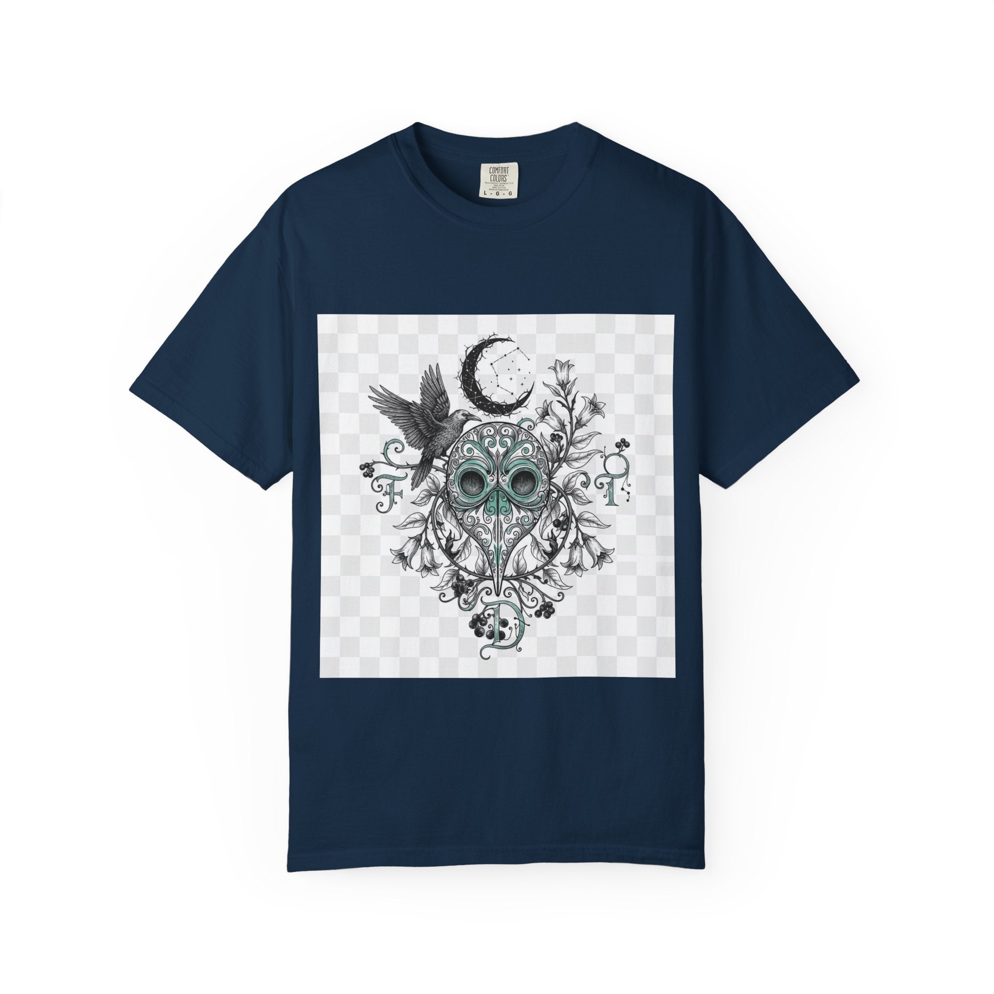 Plague Doctor Moon T-Shirt - Gothic Botanical Illustration