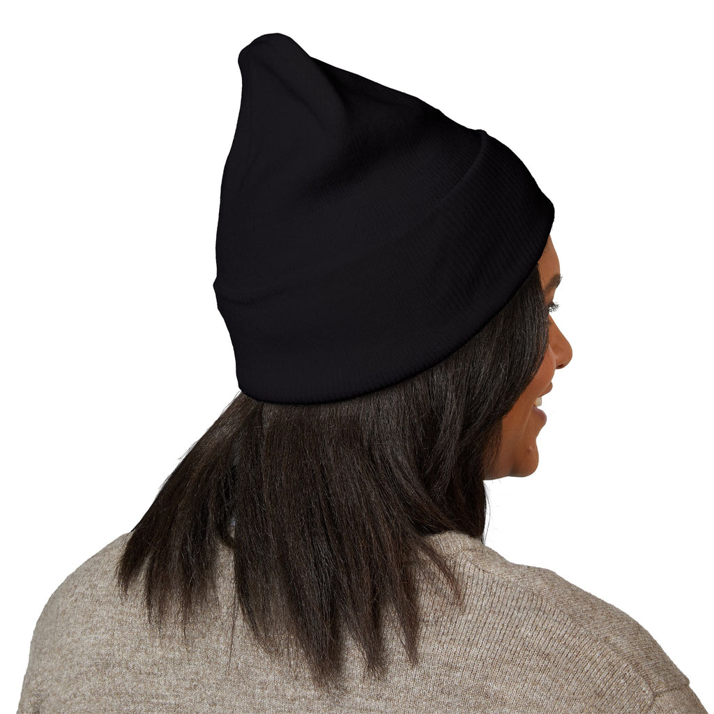 Embroidered Minimal Crescent Beanie — Classic Cuffed Knit Hat