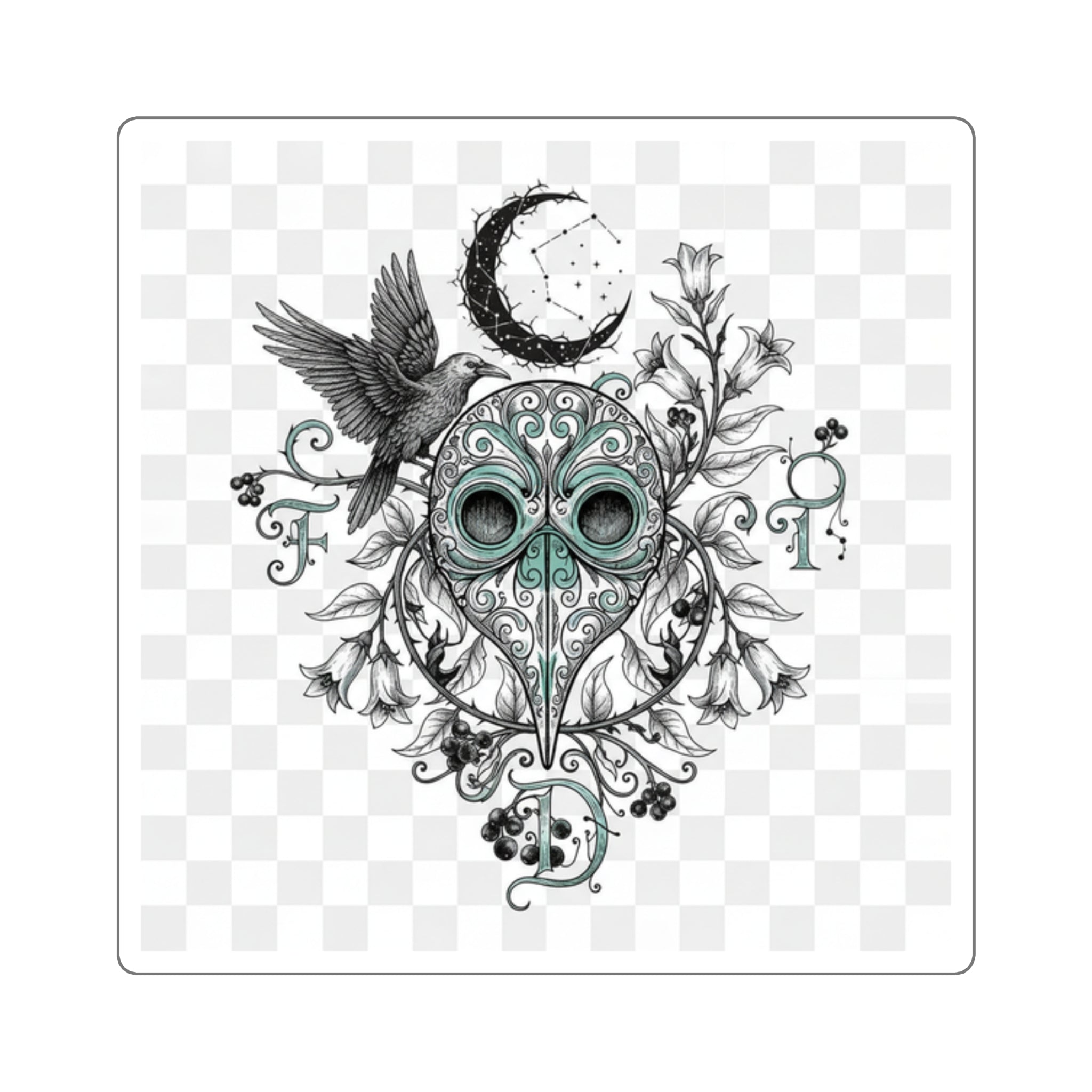 Plague Doctor Moon Sticker - Gothic Botanical Illustration