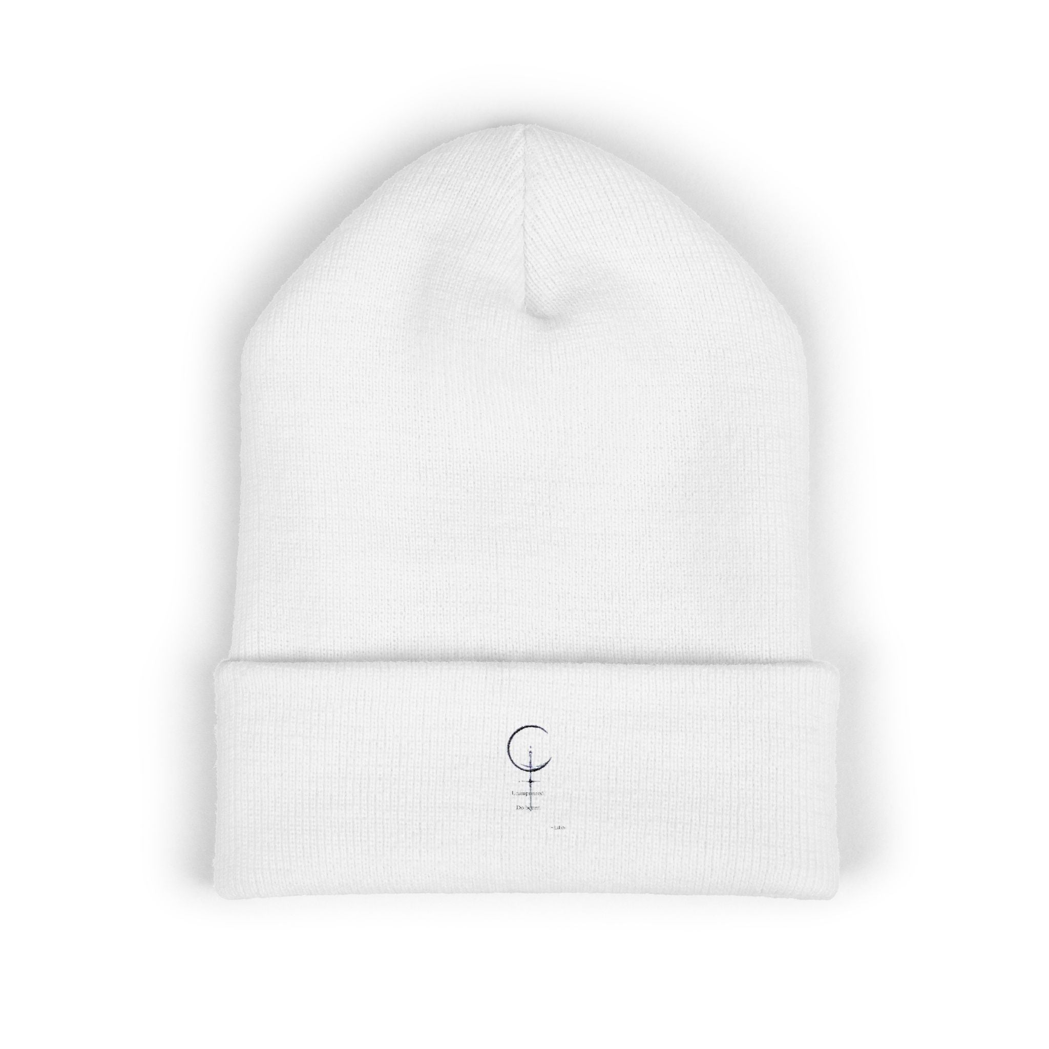 Embroidered Minimal Crescent Beanie — Classic Cuffed Knit Hat