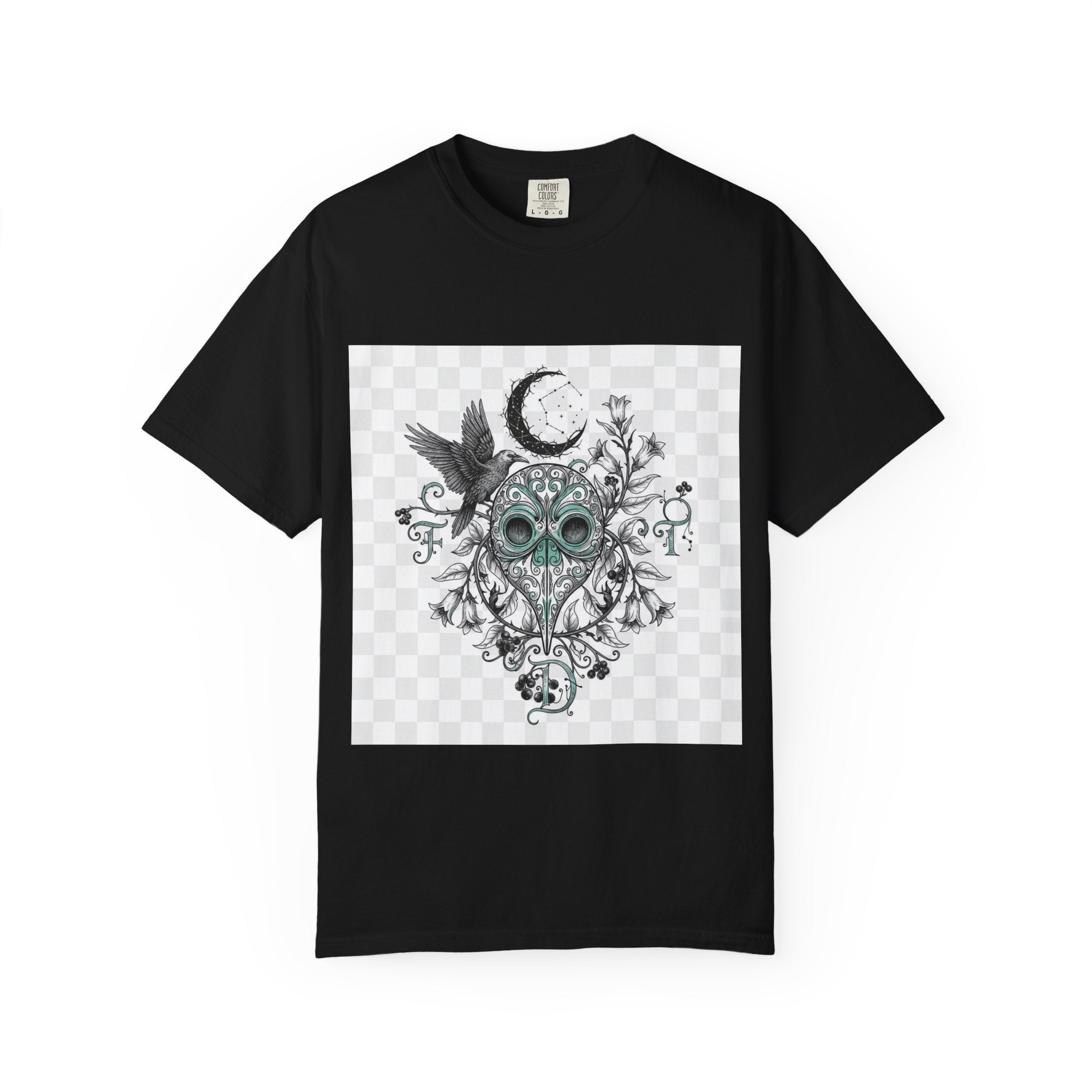 Plague Doctor Moon T-Shirt - Gothic Botanical Illustration