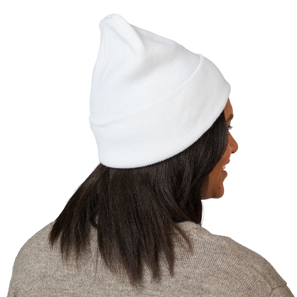Embroidered Minimal Crescent Beanie — Classic Cuffed Knit Hat